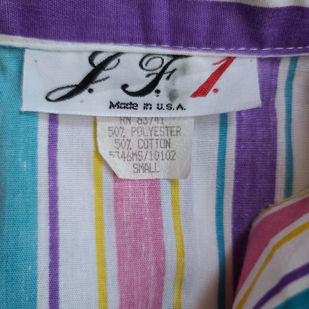 Vintage 80s J.F.I. Colorful Stripe Short Sleeve Button Front Top Lace Trim Small - Picture 9 of 11